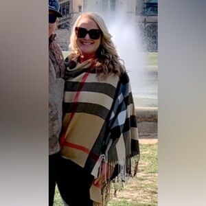 Burberry look, plaid shawl wrap, warm dressy